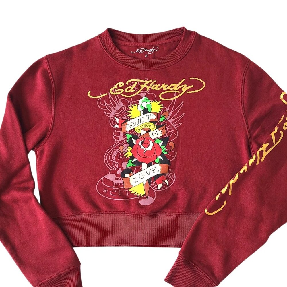 Ed Hardy Graphic Crop Pullover Sweatshirt Shirt Red Small Rose Tattoo Y2K Retro - Picture 2 of 12